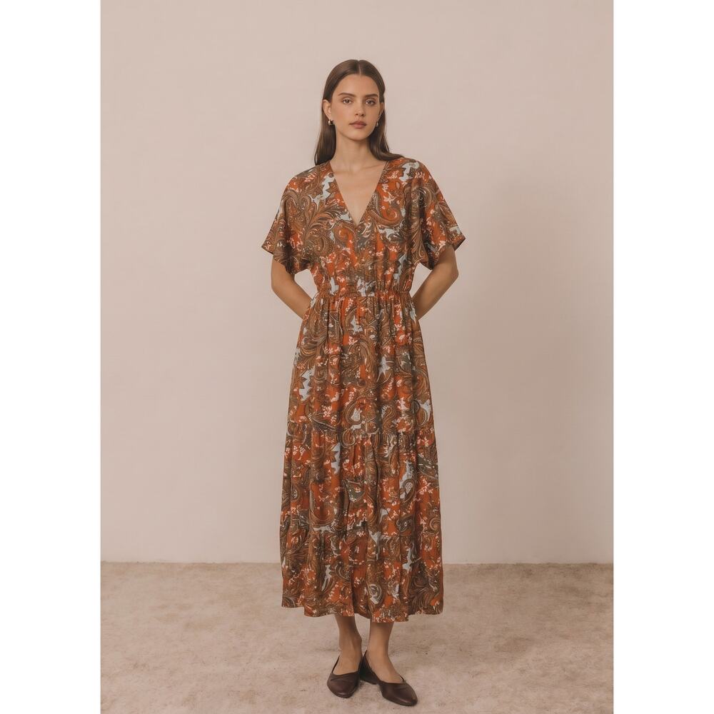 Kate & Sam Paisley Button Front Boho Maxi Dress Brown Sz Med
